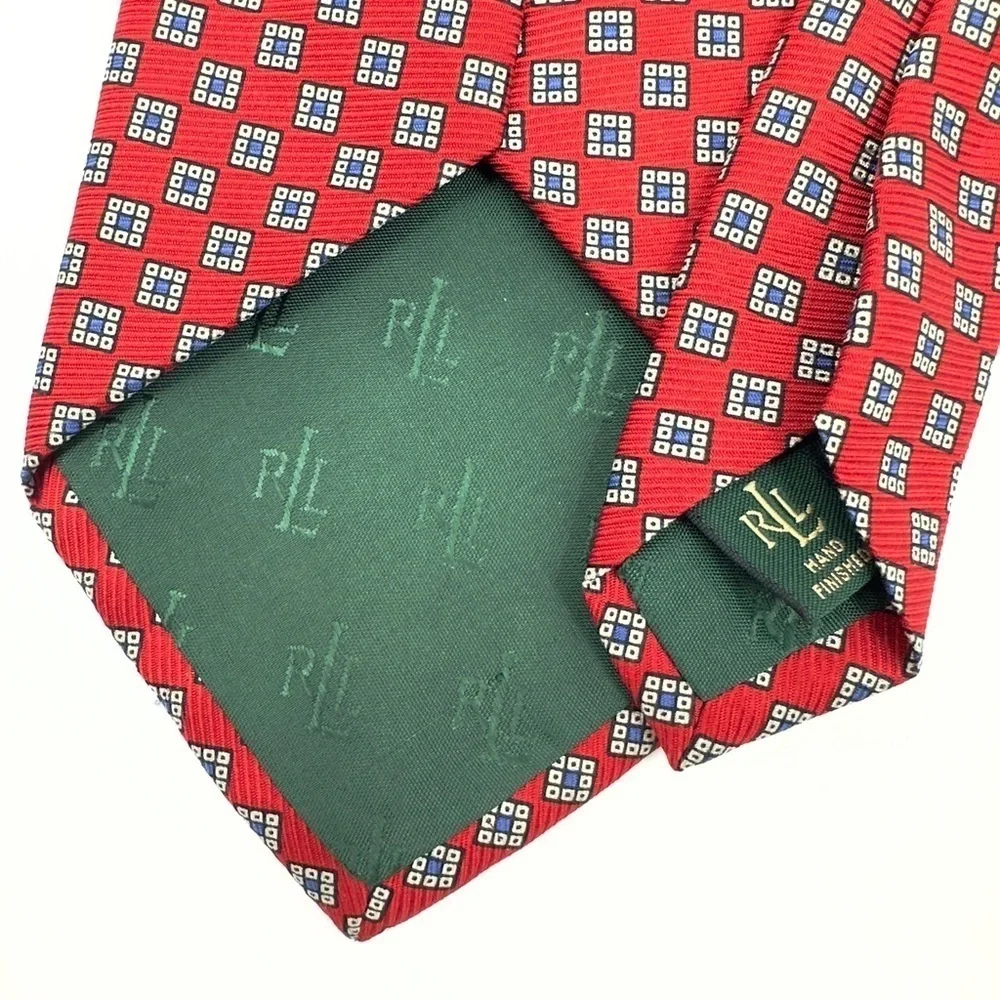 Lauren Ralph Lauren Mens Necktie 100% Silk Geometric All Over Red Tie USA Made